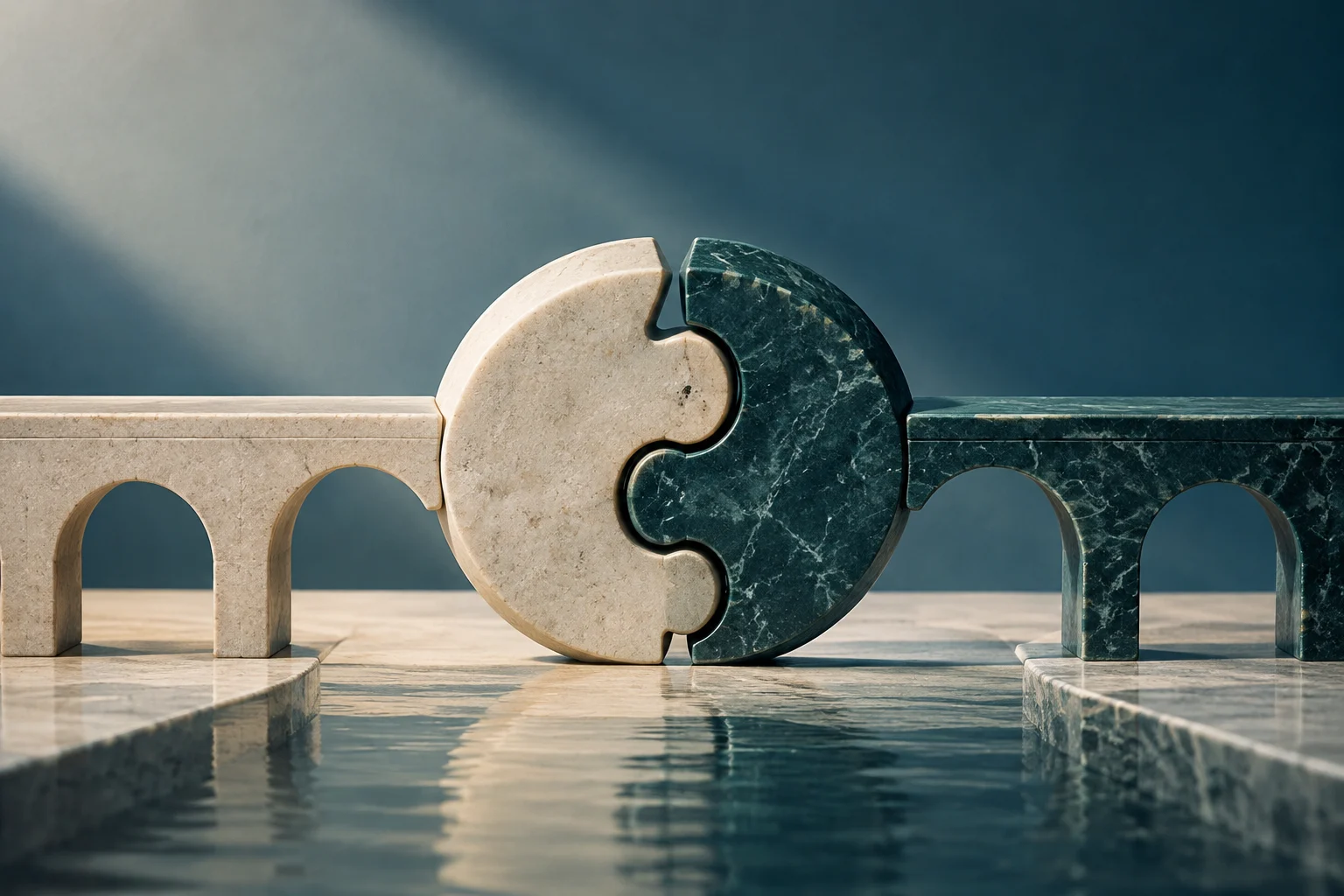 Two stone structures, one light and one dark, join through interlocking pieces above a reflective surface.