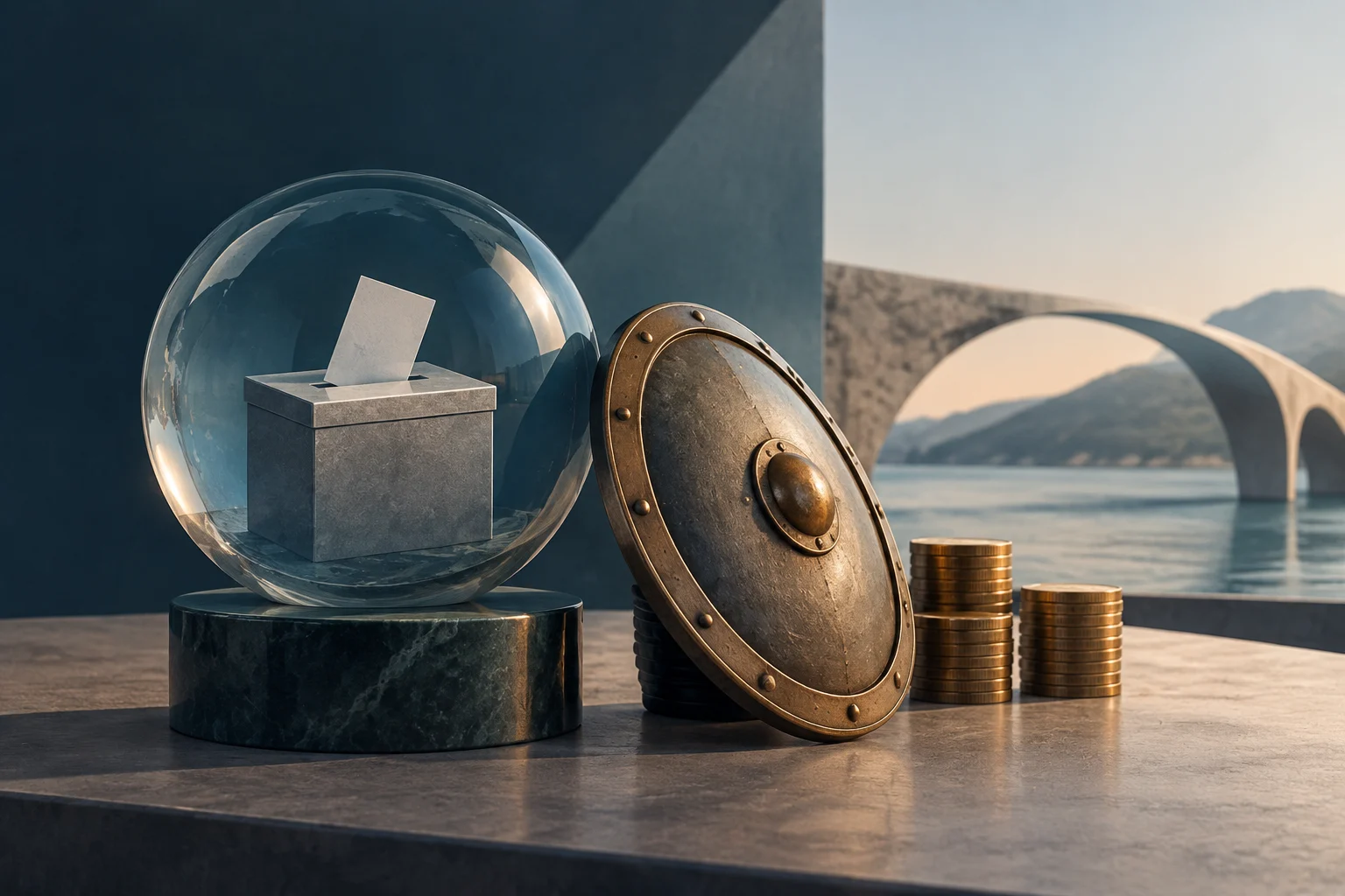 A stone ballot box with a blank ballot inside a glass sphere, beside a metal shield and stacks of coins; a bridge over water is visible in the background.