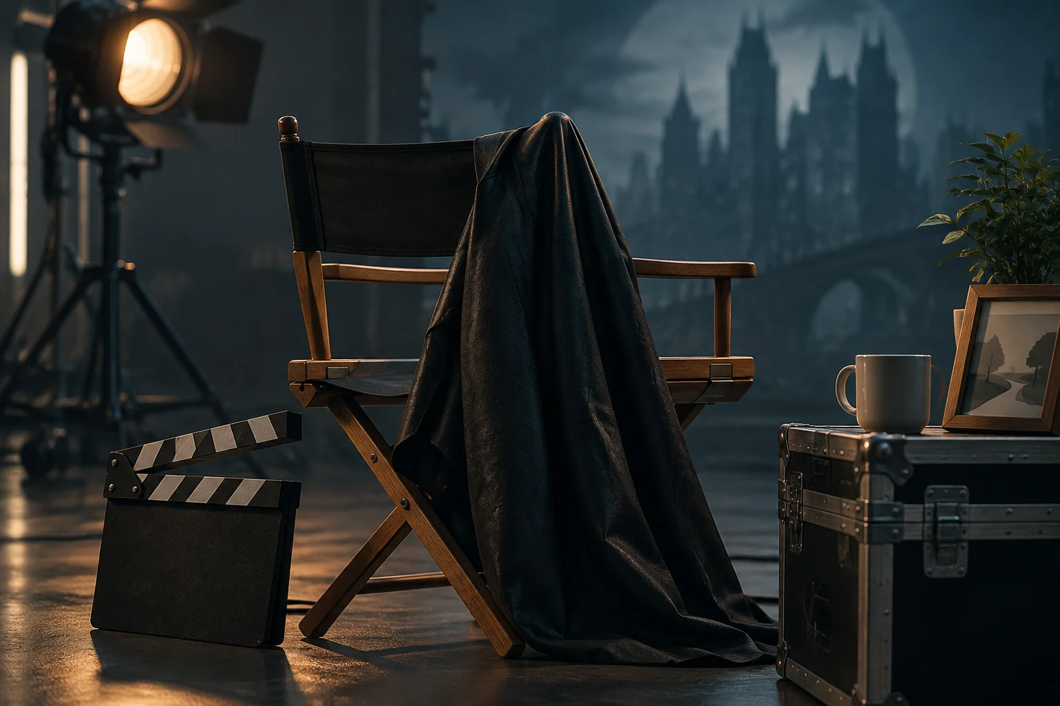 An empty director’s chair with a black cape draped over it, an open clapperboard, and film equipment in front of a dark city skyline.