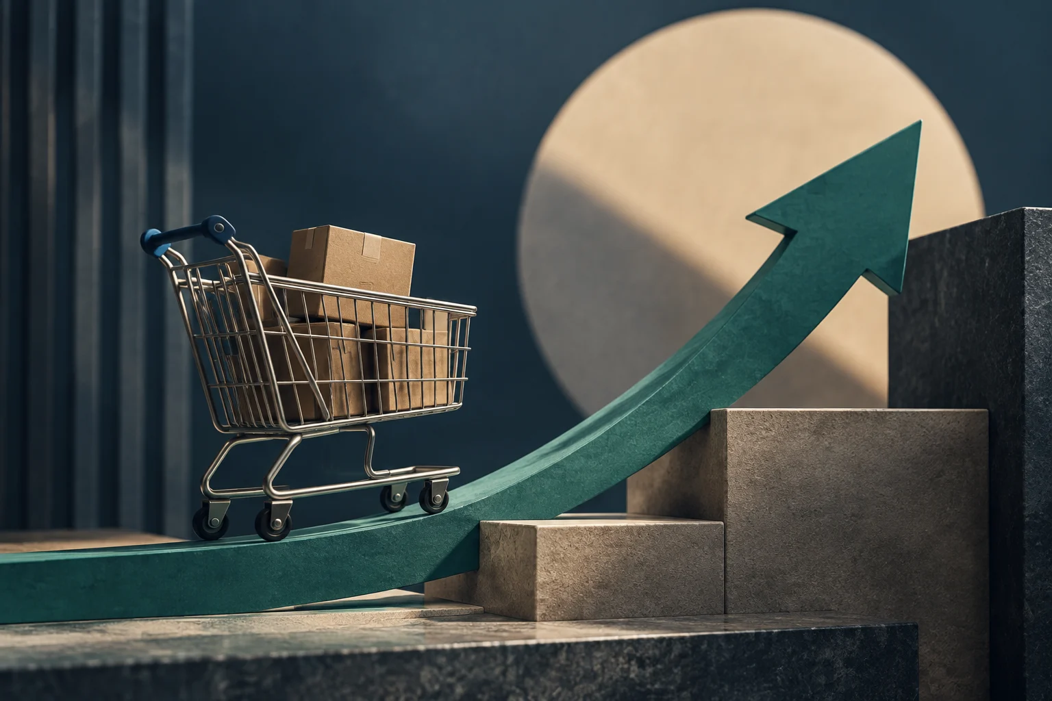 A metal shopping cart carrying packages moves along a rising green arrow beside stepped blocks.