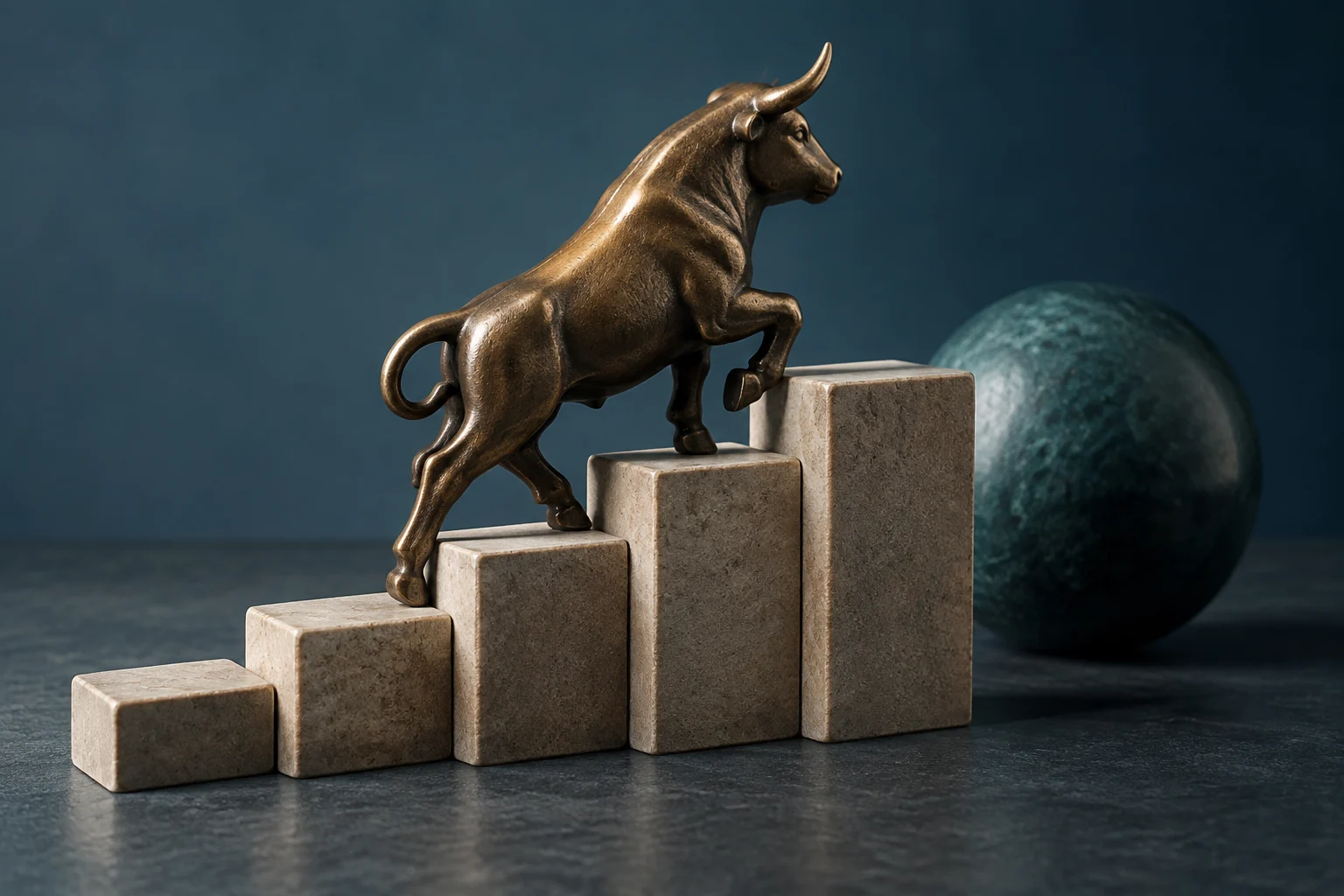 A sculptural-looking bull climbs a series of increasingly tall stone blocks, with a dark sphere in the background.