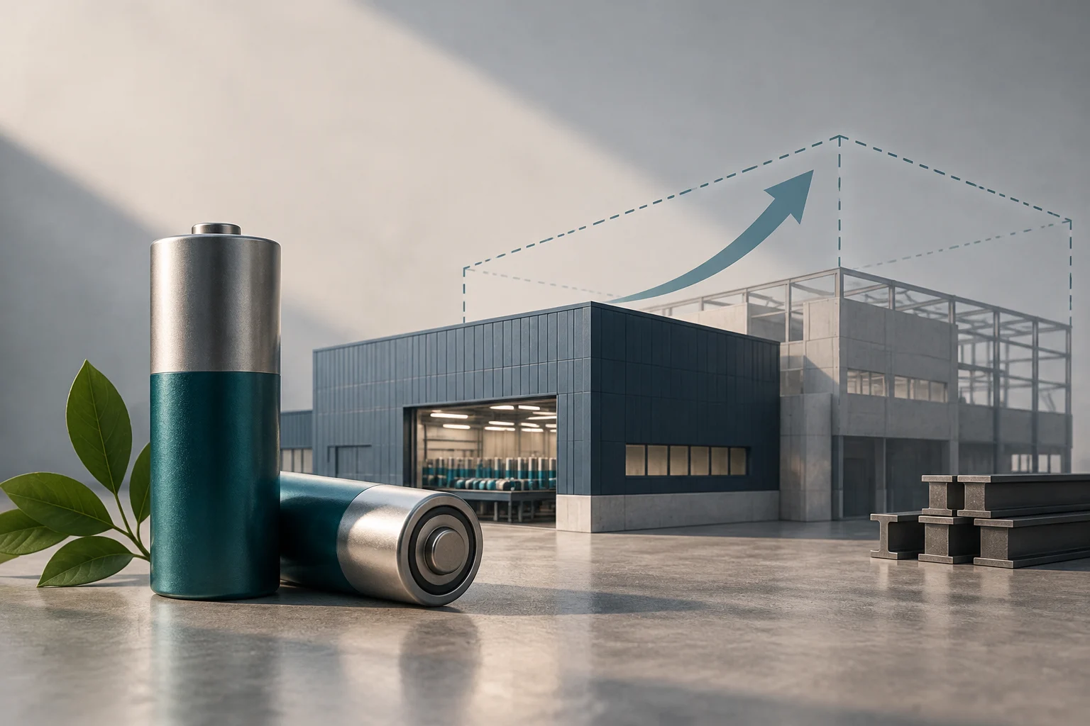 Two cylindrical batteries stand in front of a factory; behind them, a structure under construction appears beside an upward arrow.