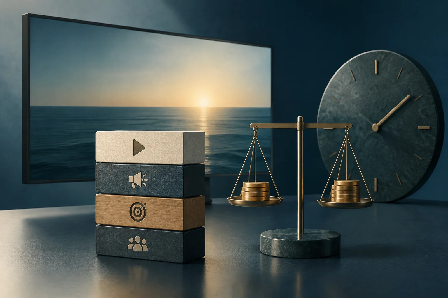 A screen shows the sea at sunset. In front of it are blocks bearing icons of a play button, a megaphone, a target, and several people; beside them, a set of scales holds stacks of coins beneath a large clock.