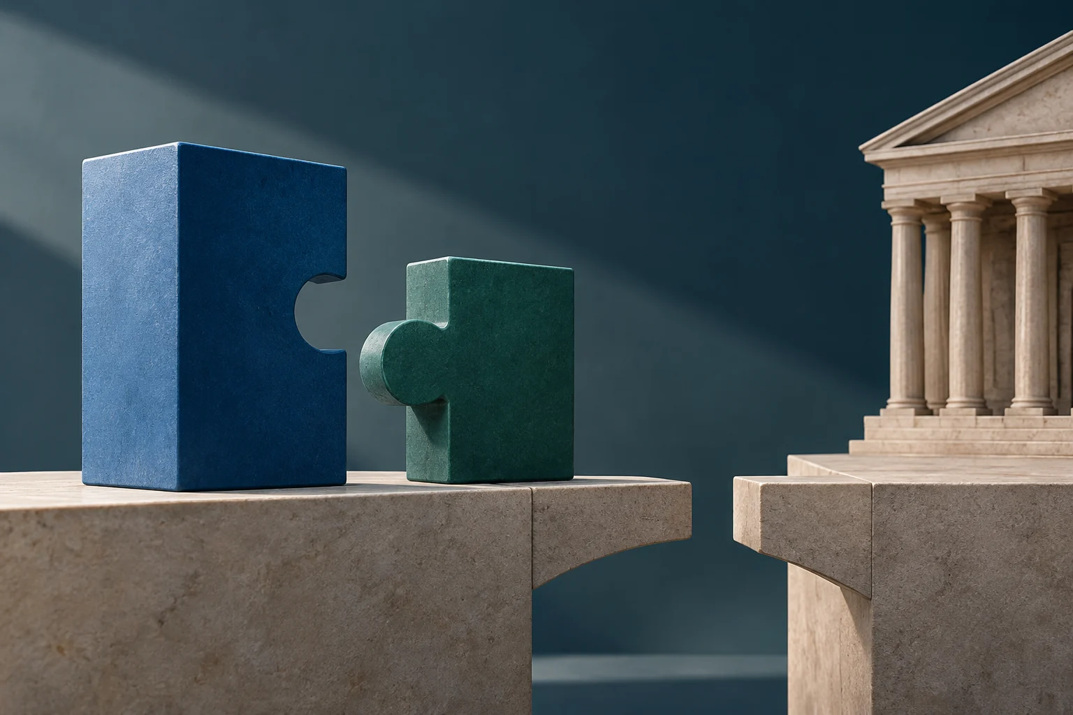 Two jigsaw pieces, one large and blue and the other smaller and green, face each other on stone platforms beside a classical columned building.