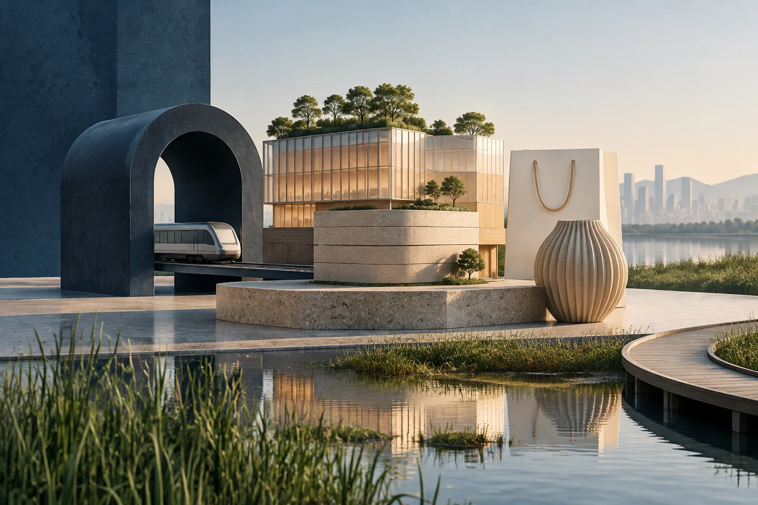Architectural visualization of a modern multi-level complex beside a wetland, with trees on its terraces, a train passing through a dark arch, and a walkway over the water. A large sculptural shopping bag stands on the right.