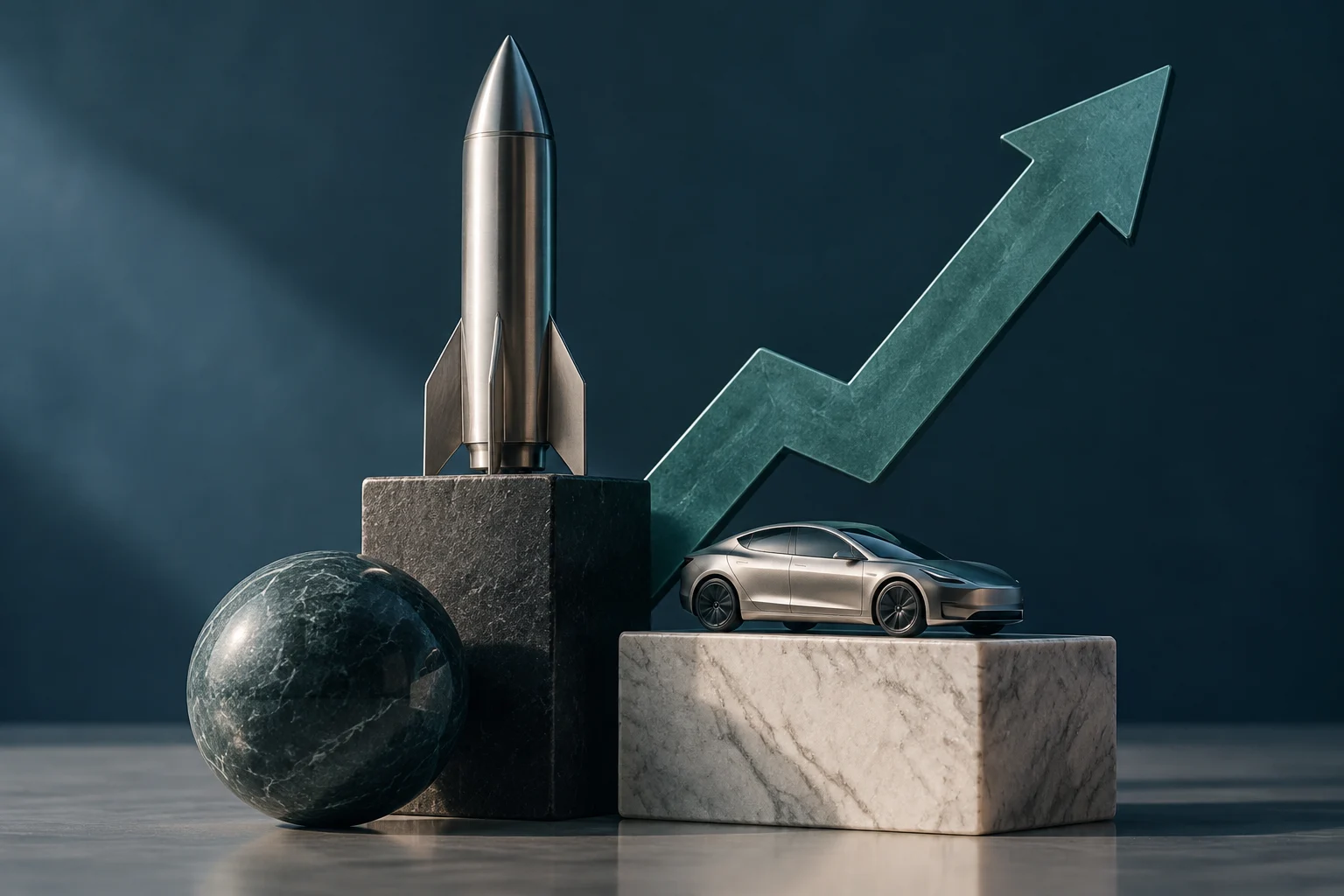 A metallic rocket and a silver car sit on stone plinths beside a dark sphere and a large upward arrow.