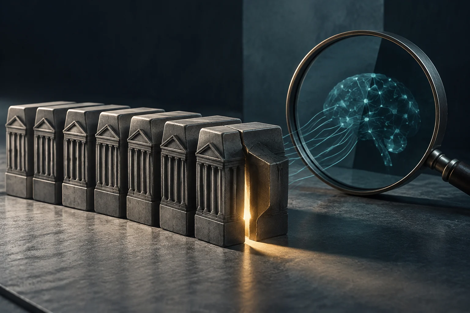 Stone buildings resembling banks, one of them cracked, beside a magnifying glass enlarging a glowing neural network.