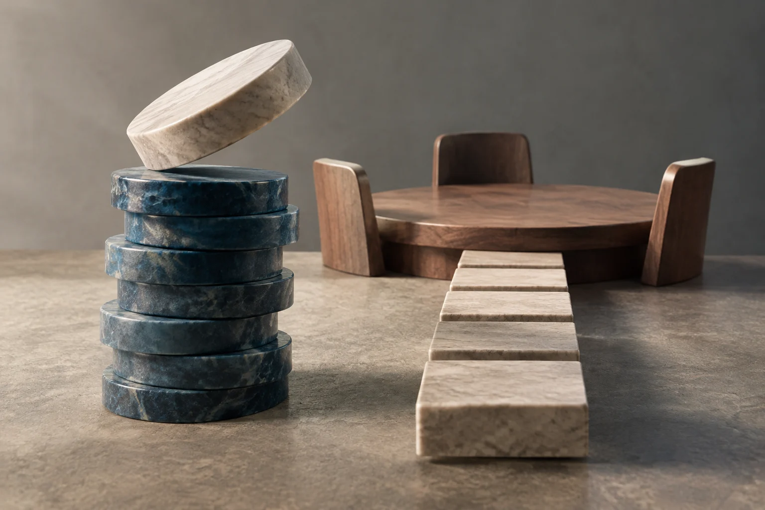 Blue stone discs are stacked, with a light-colored disc tilted on top. A row of pale blocks leads toward a round wooden table surrounded by chairs.