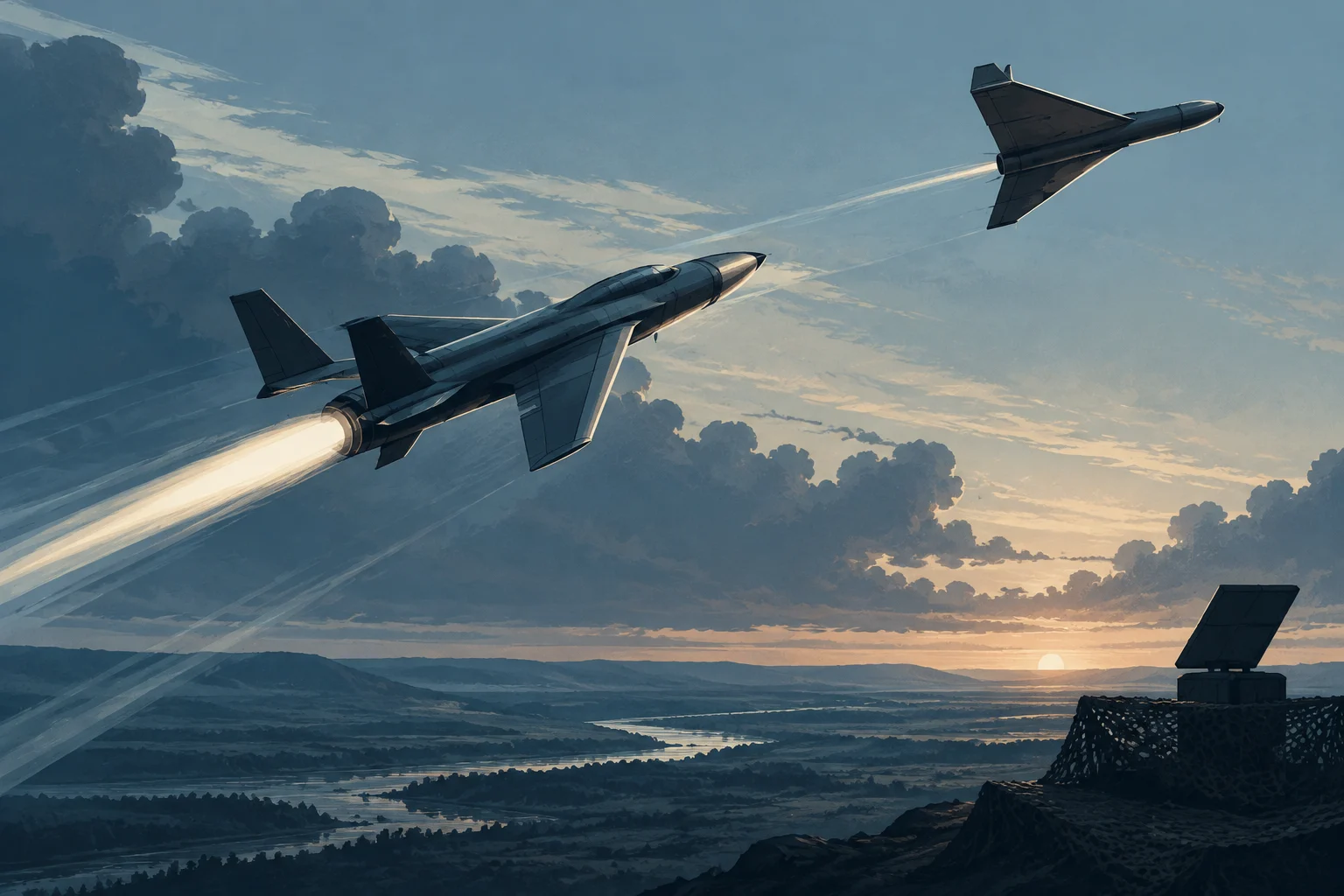 Illustration of two jet-powered unmanned aircraft flying among clouds at sunset, with a radar unit on the ground.