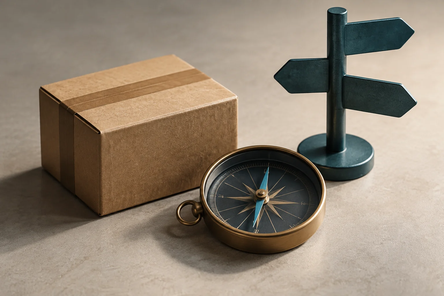 A cardboard box, a compass, and a post with several blank arrows on a light surface.
