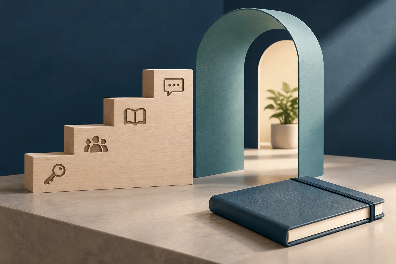 Wooden steps bearing icons of a key, a group of people, a book, and a speech bubble lead toward an open arched doorway; a closed notebook rests in front.