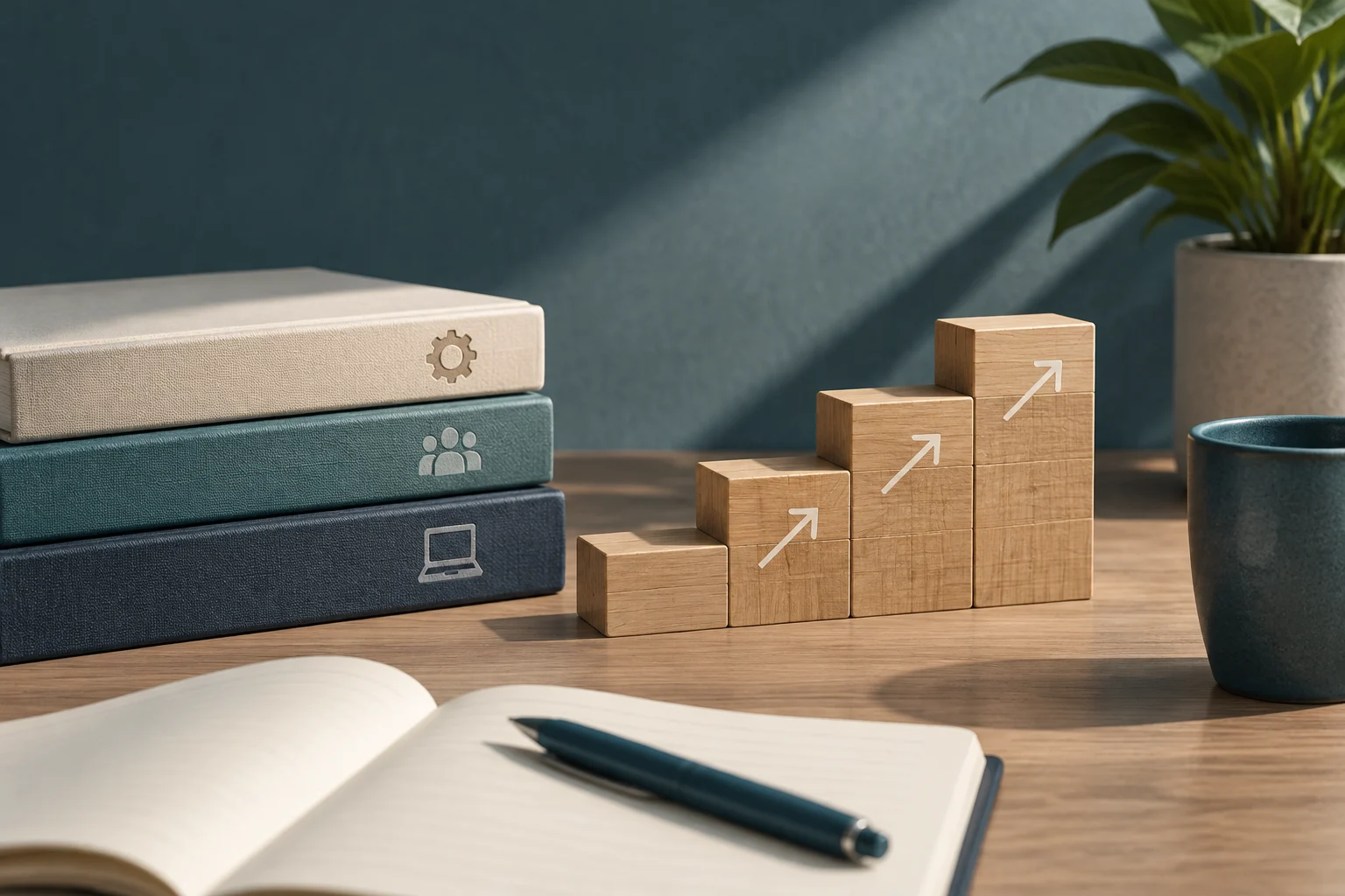 On a table are three books marked with gear, people, and computer icons, an open notebook with a pen, and wooden blocks arranged like steps with upward arrows.