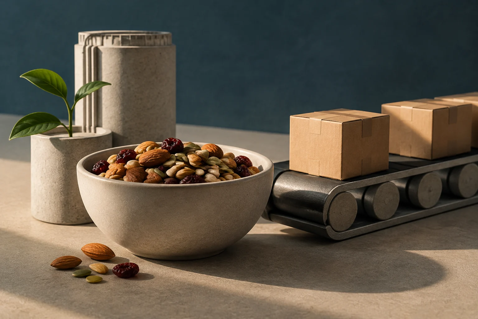 A bowl filled with nuts and dried fruit sits beside cardboard boxes on a conveyor belt; a small plant in a pot stands nearby.