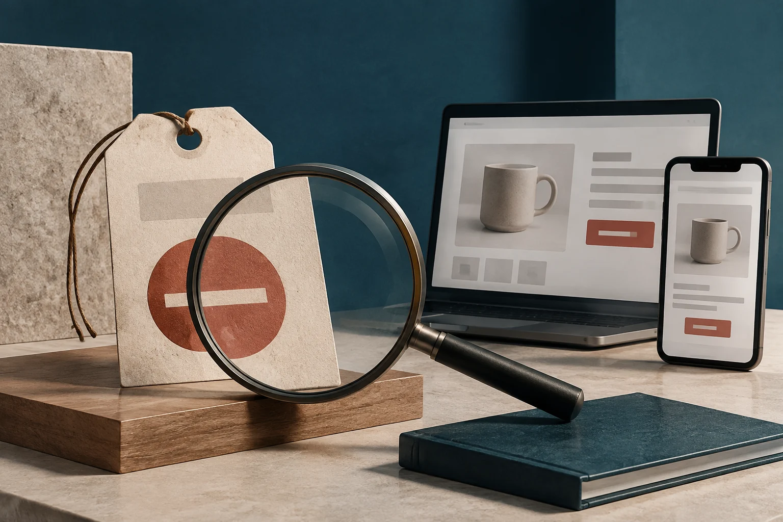 A magnifying glass enlarges a price tag beside a laptop and a phone displaying product pages with a mug and graphic elements without legible text.