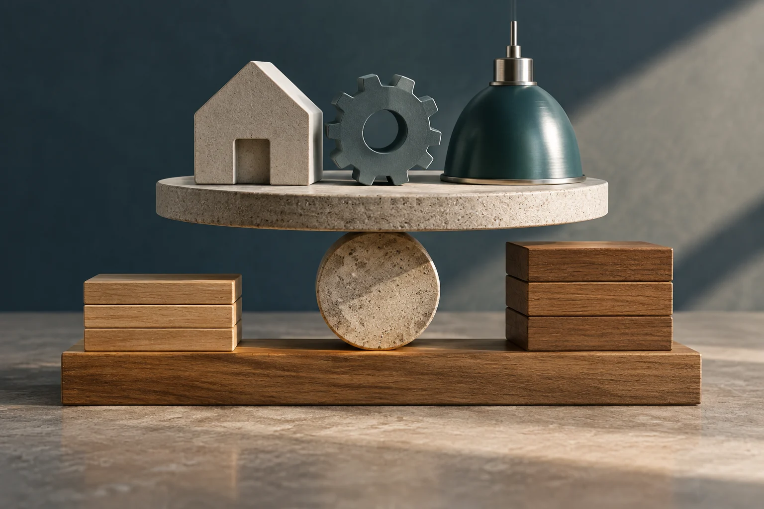 A sculptural balance holds a house, a gear, and a bell on a circular platform; below, wooden blocks of different sizes rest on either side of a round support.