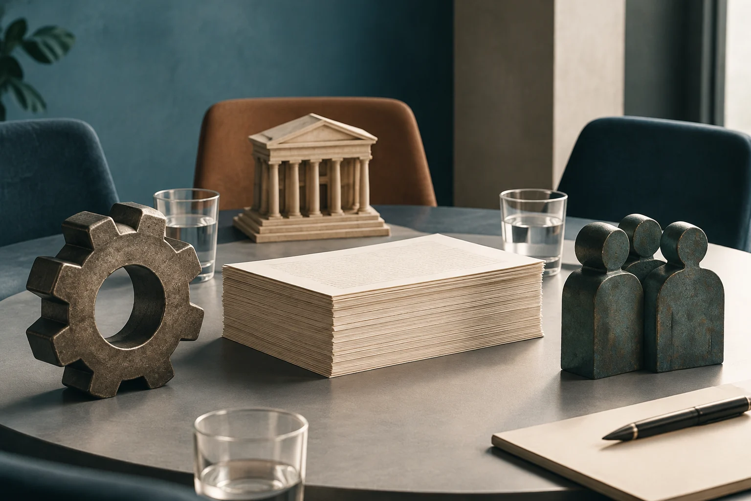 On a meeting table are a stack of documents, a model of a columned building, a metal gear-shaped piece, and several stylized human figures. Chairs, glasses, and a notebook with a pen are arranged around them.