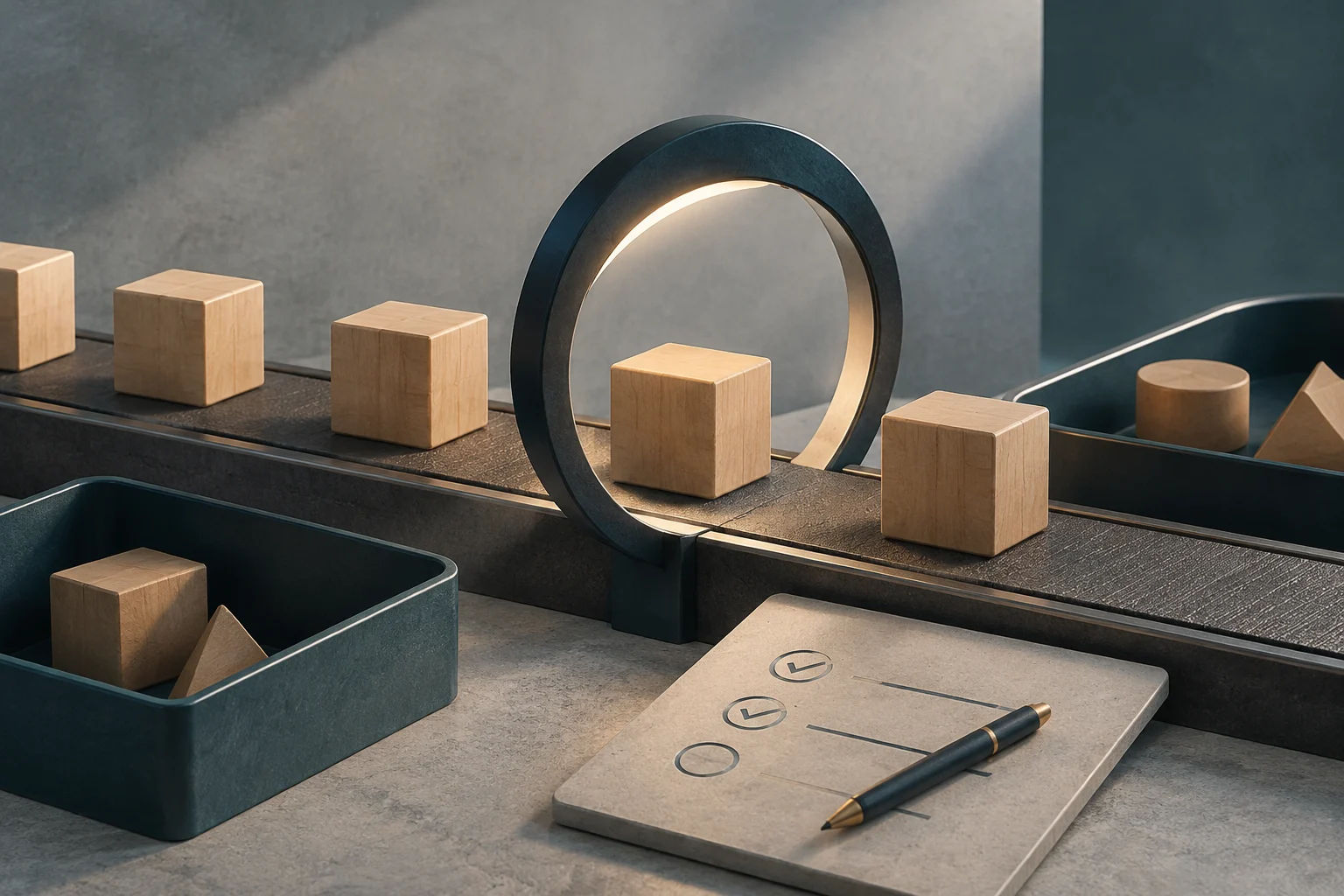 Wooden blocks move along a conveyor belt and pass through a ring; a checklist with marks and a pen sit in the foreground.