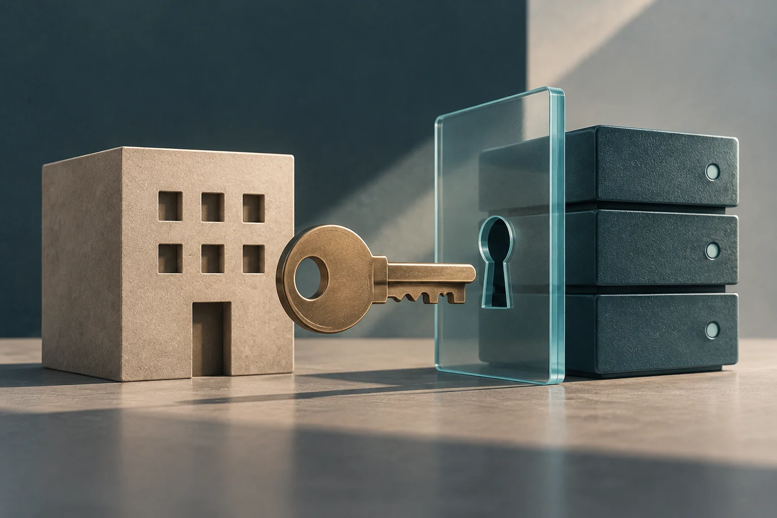 A small model building, a golden key, and a dark server are arranged around a glass panel shaped like a keyhole.