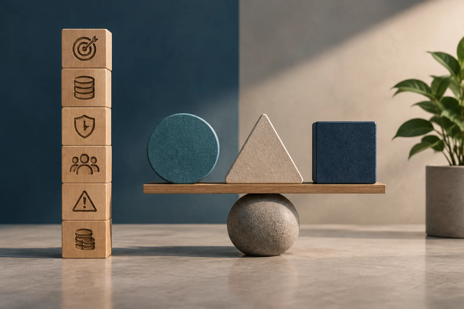 A wooden balance holds a circle, a triangle, and a square. Beside it is a column of wooden blocks bearing symbols for a target, a database, a shield, a group of people, a warning sign, and coins.