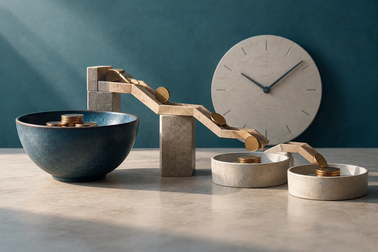 Coins move along a descending stepped structure toward several bowls, beside a large clock without numbers.