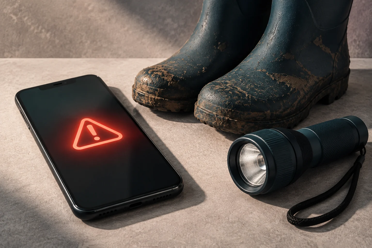 A phone displays a red warning symbol beside muddy boots and a flashlight on a stone surface.