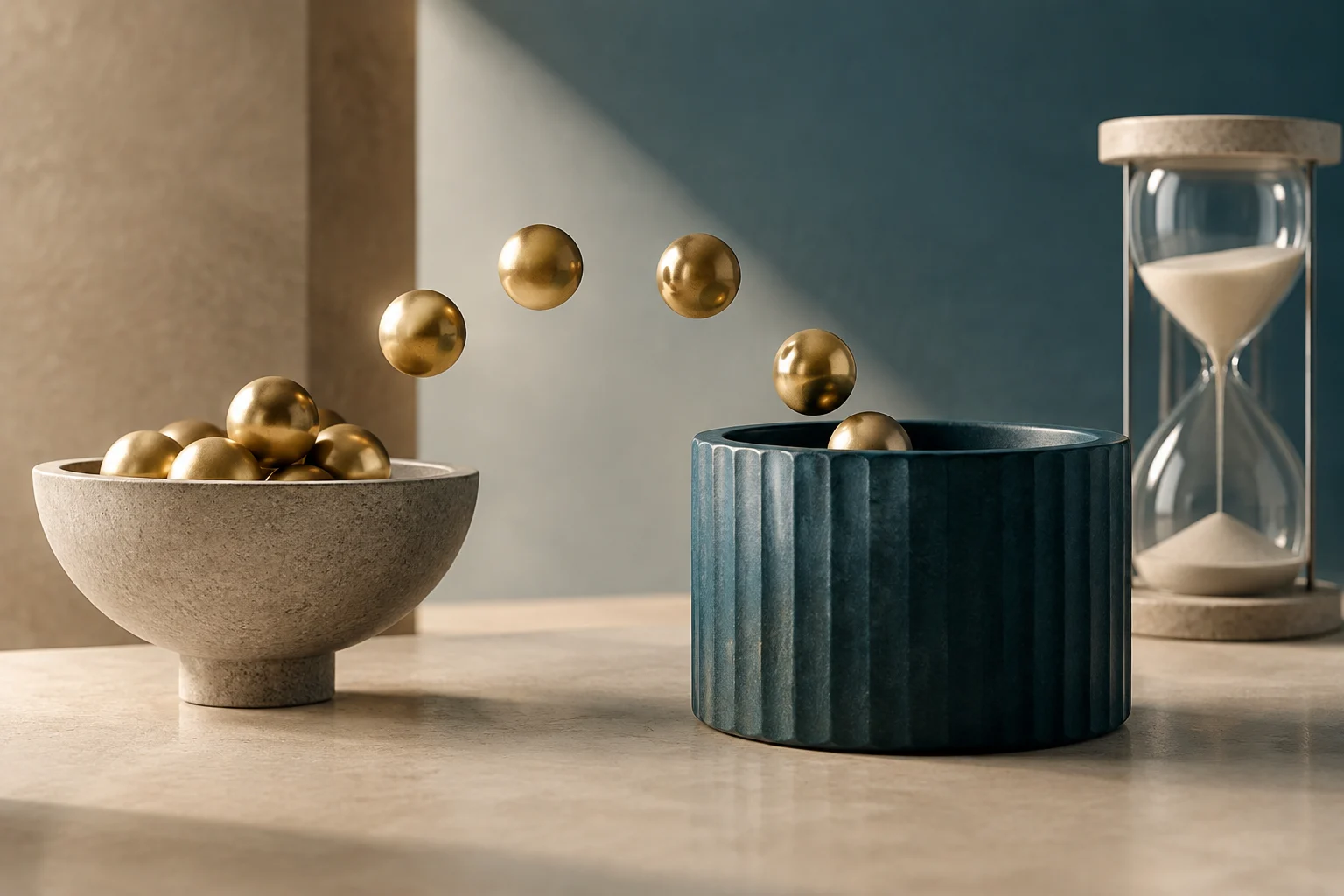 Golden spheres move from a light-colored bowl into a dark cylindrical container; an hourglass stands on the right.