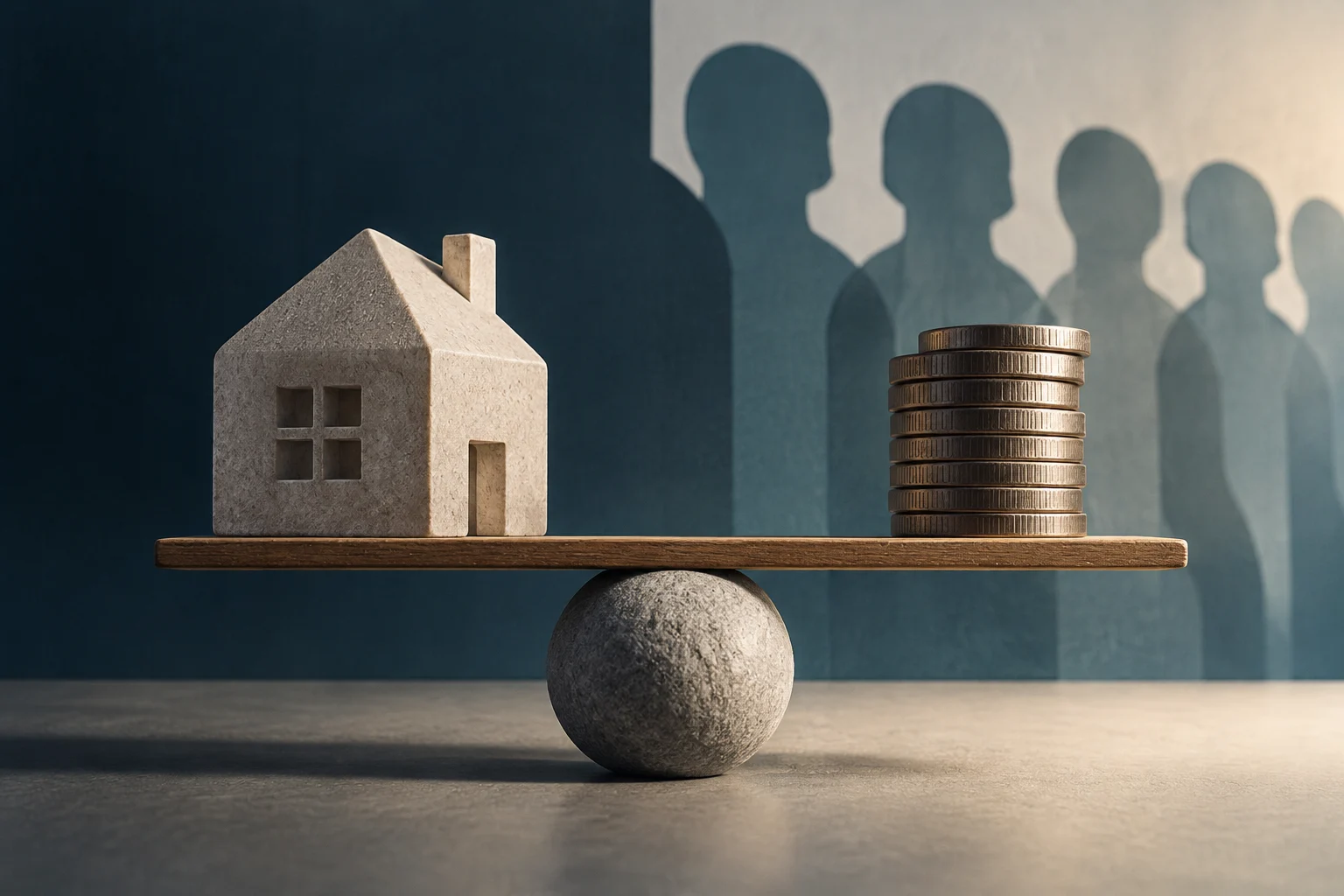 A small house and a stack of coins rest at opposite ends of a balance beam, with the shadows of several people behind them.