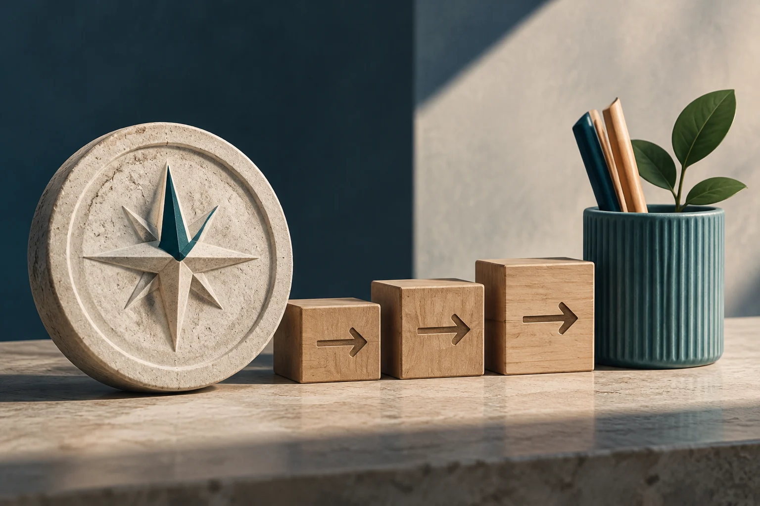 A stone compass beside three wooden blocks marked with arrows pointing right; behind them is a pencil holder with a small plant.