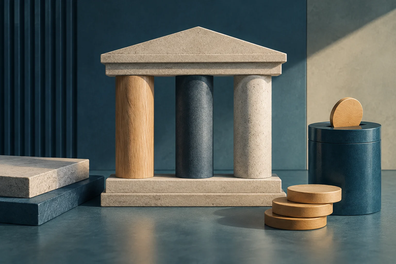 A classical structure with three columns stands beside a stack of coins and a cylindrical container with a coin inserted.