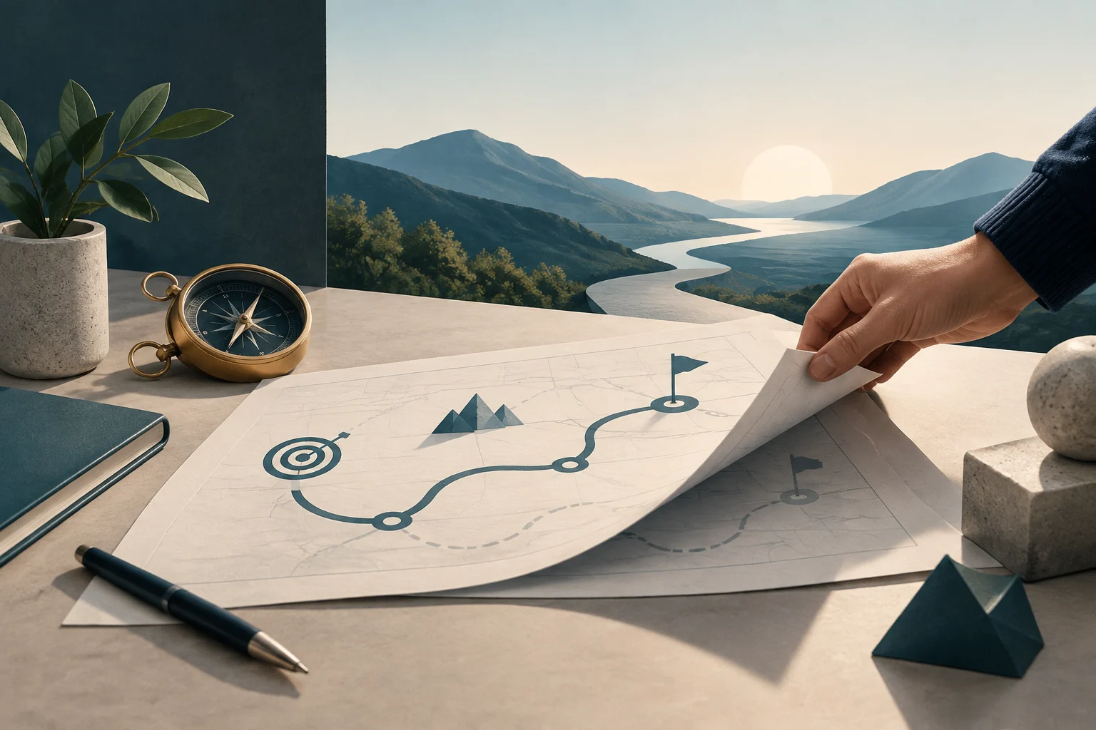 A hand lifts a sheet showing a schematic route, a target, several milestones, and a flag. A compass, notebook, and pen sit on the table, with a mountainous landscape in the background.