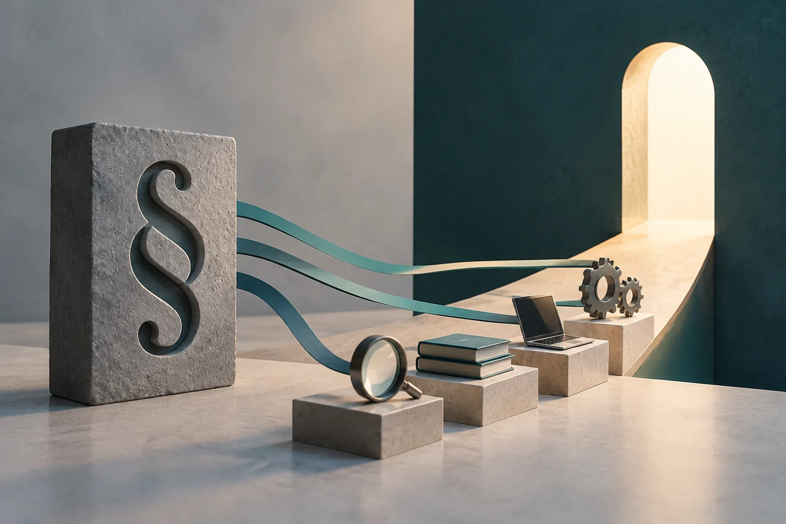 A stone slab bearing the § symbol connects via curved bands to a magnifying glass, books, a laptop, and gears, arranged beside a path leading to a lit doorway.