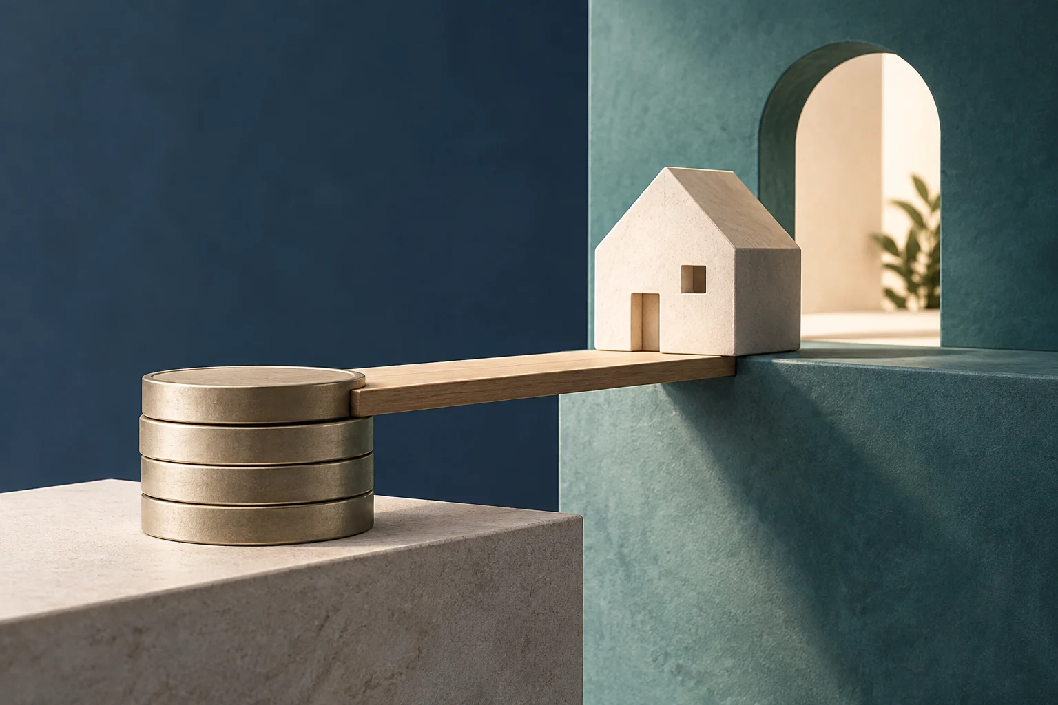 A small stone house sits on one end of a wooden beam, while the other end rests on a stack of coins.