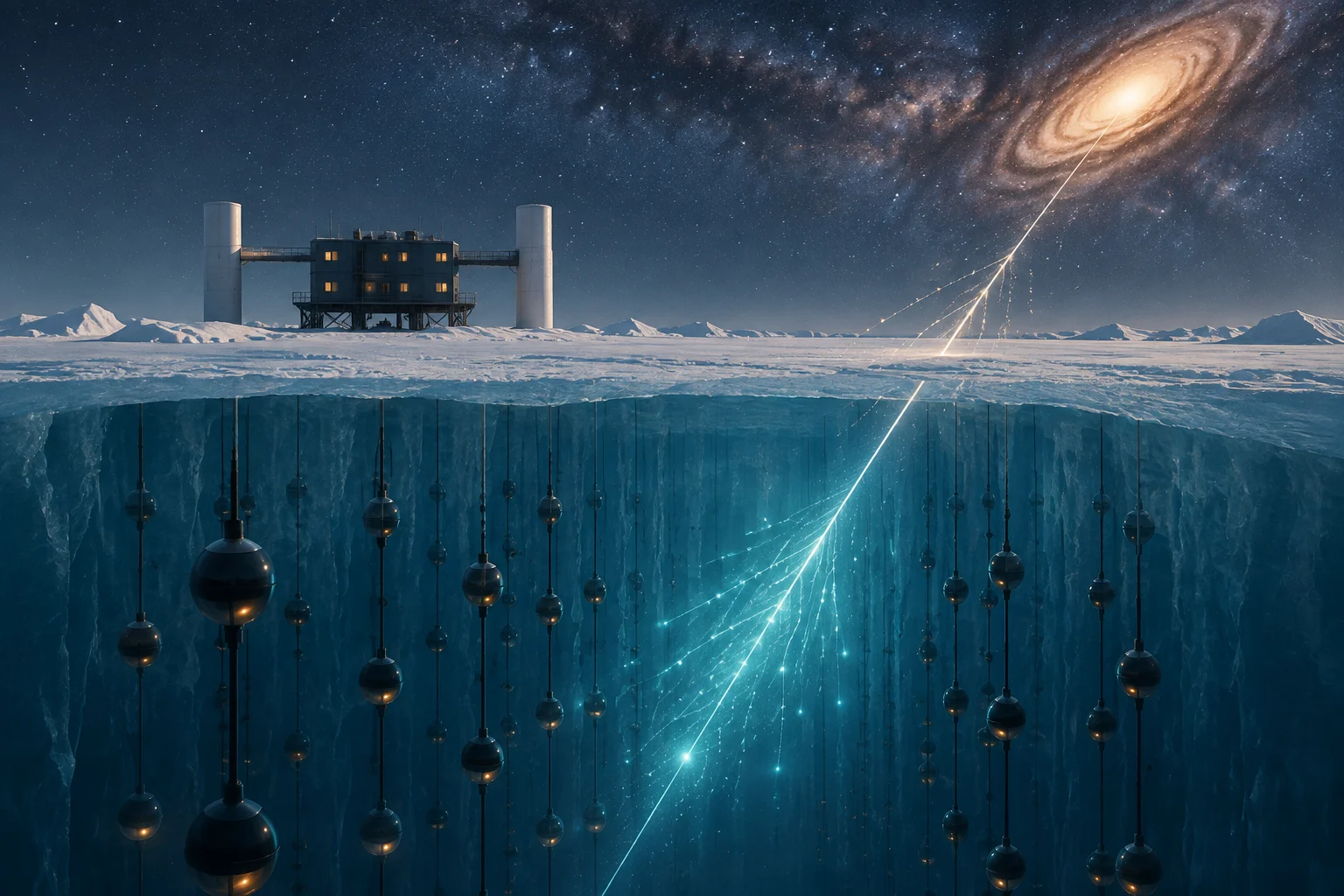 Illustration of an observatory on an Antarctic ice sheet, with sensors suspended deep below and luminous streaks descending from a spiral galaxy.