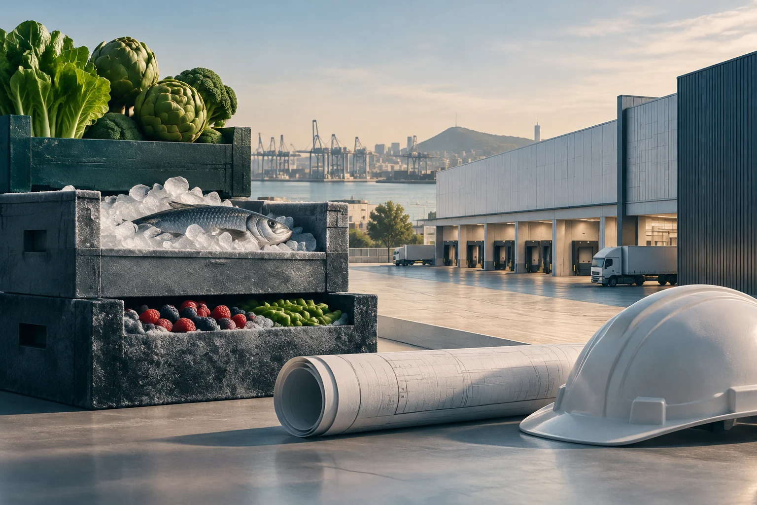 Illustration of a logistics center with trucks at the loading bays; in front are crates of vegetables, fruit and fish on ice, beside a hard hat and a rolled-up plan. Port cranes and a city appear in the background.