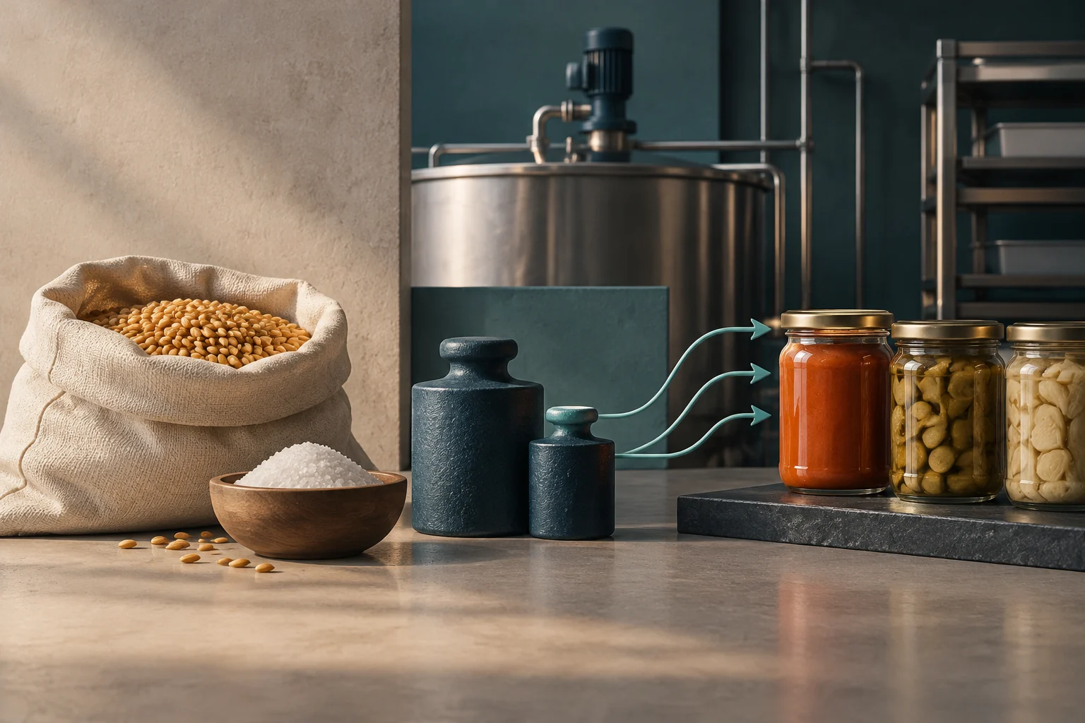 A cloth sack of grains and a bowl of salt sit beside two weights, an industrial vat, and several jars of food; arrows connect the weights to the jars.