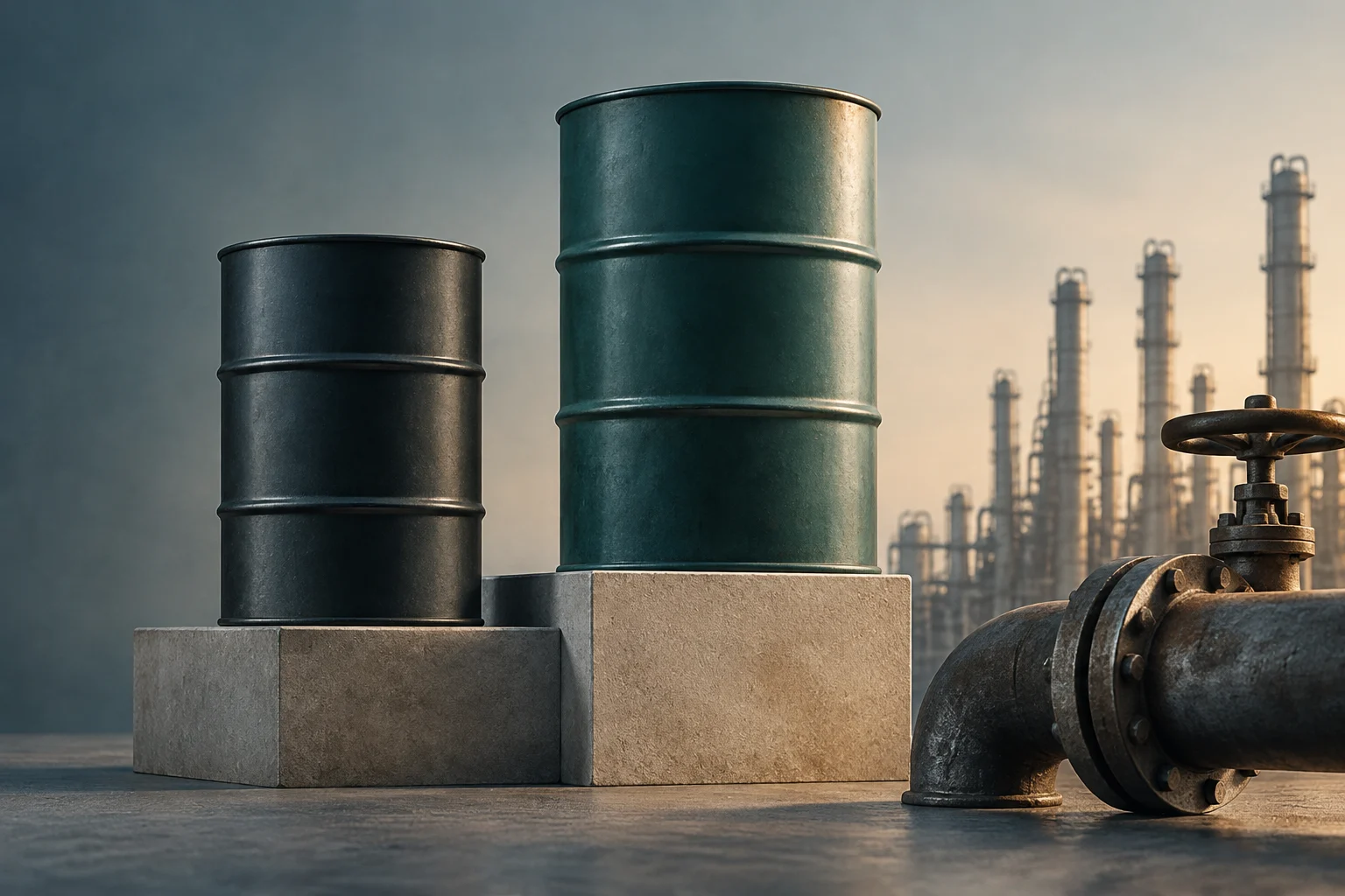 Two metal drums on concrete blocks in front of a refinery, with a pipe and valve in the foreground.