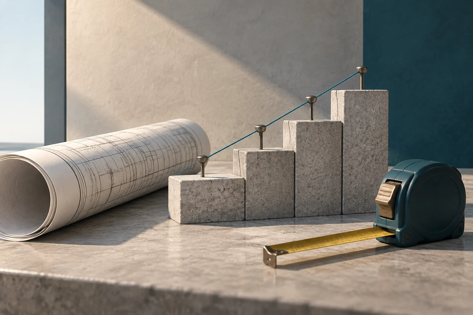 A rolled-up blueprint, a measuring tape, and concrete blocks of increasing height visually connected by an ascending line.