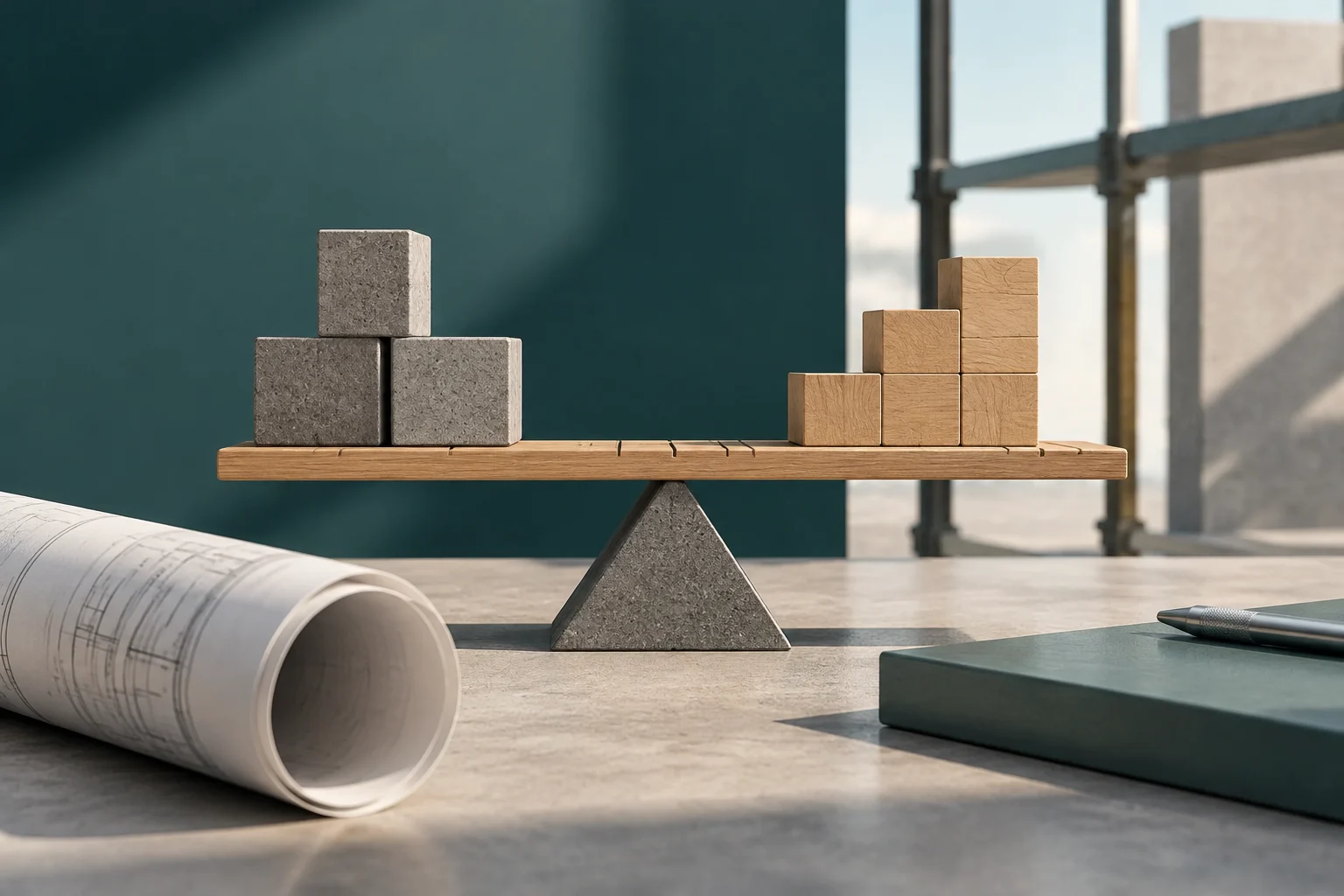 A wooden balance holds concrete blocks on one side and wooden blocks on the other, above a table with a rolled-up blueprint; scaffolding is visible in the background.