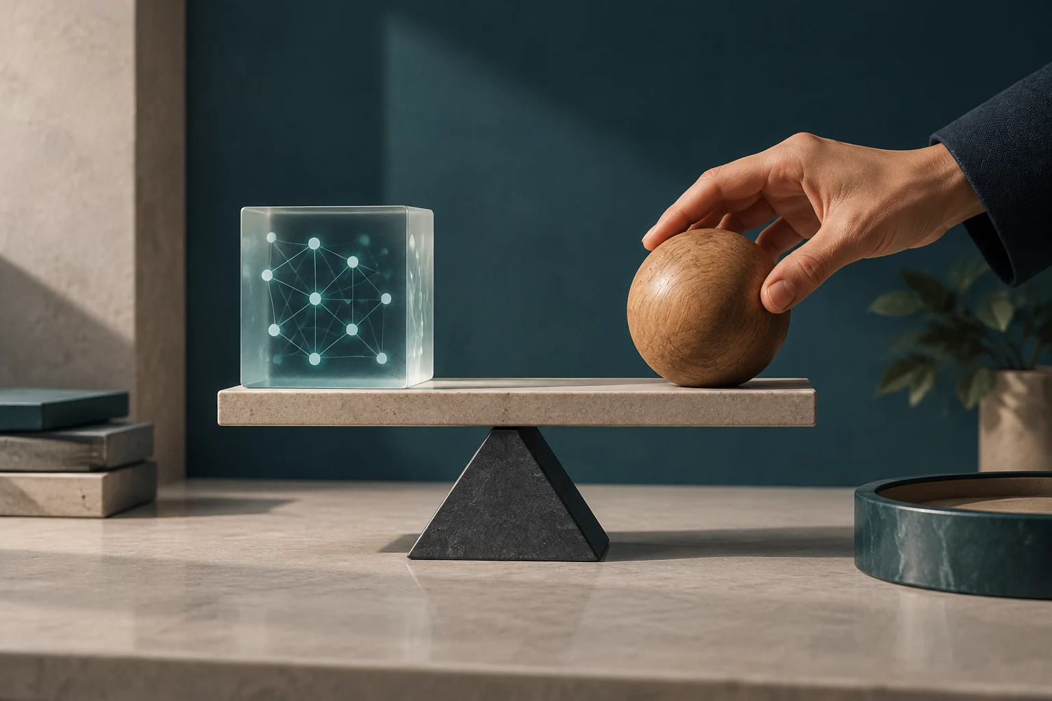 A hand holds a wooden sphere on one side of a balance; on the other side is a transparent cube containing a network of glowing nodes.