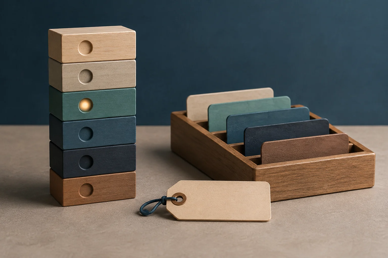 Wooden blocks in different colors stacked beside an organizer with dividers and a blank tag.