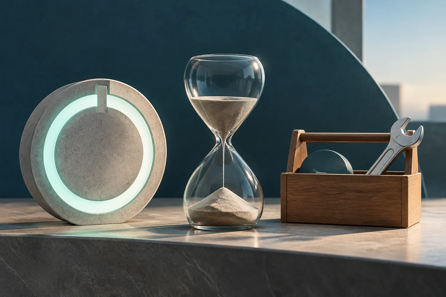 An illuminated circular symbol, an hourglass, and a toolbox with a wrench sit on a stone surface.