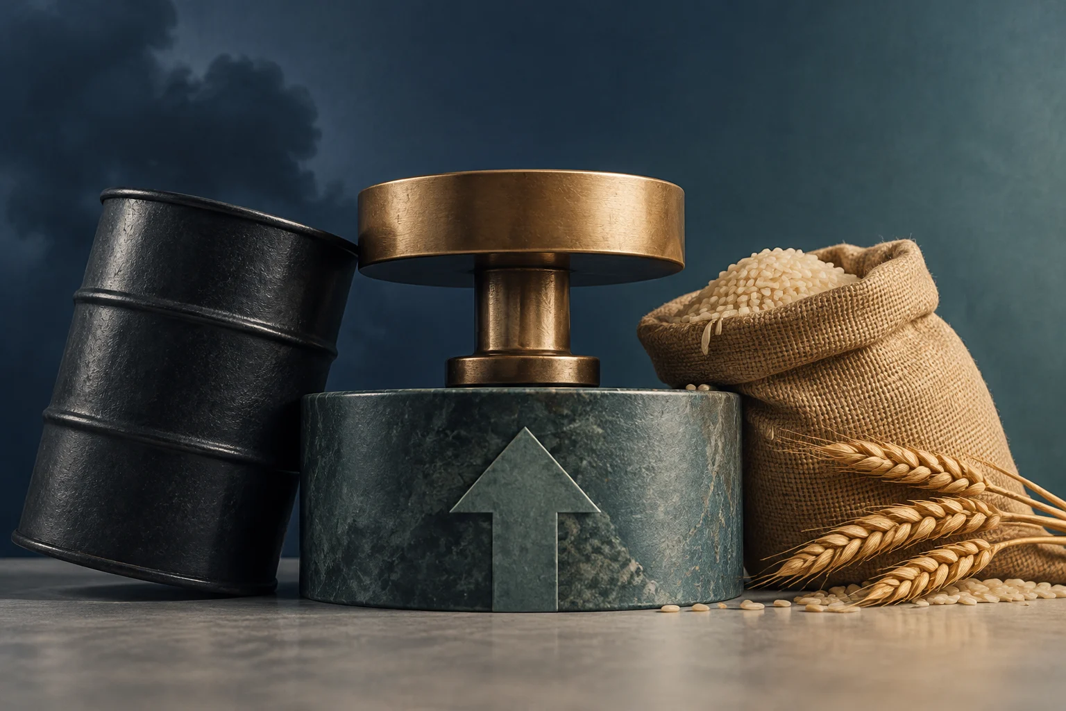 A black barrel and an open sack of rice flank a metal object with an upward-pointing arrow.