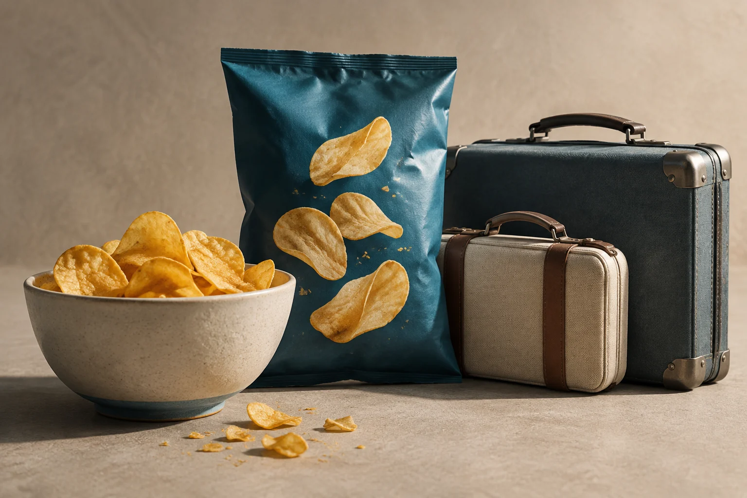 A bowl of potato chips and a bag of snacks beside two suitcases.