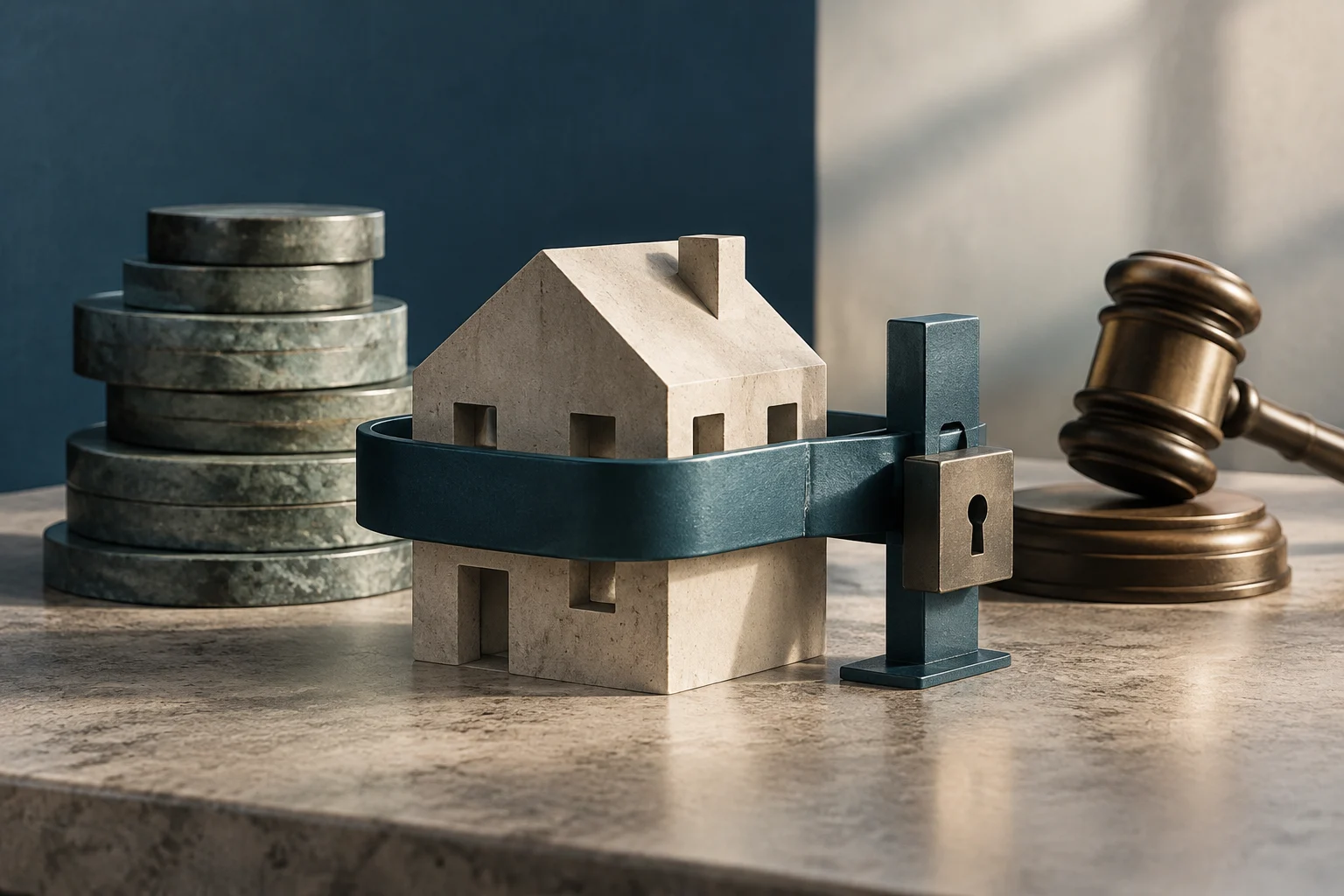 A stone house is encircled by a dark band with a padlock; stacked coins sit to one side and a judge’s gavel to the other.