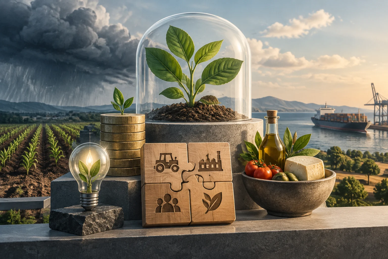 Conceptual composition showing crops beneath storm clouds, a plant inside a glass dome, a light bulb with a sprout, wooden pieces bearing symbols of farming, industry, people and leaves, and a bowl of food beside a ship in a harbor.