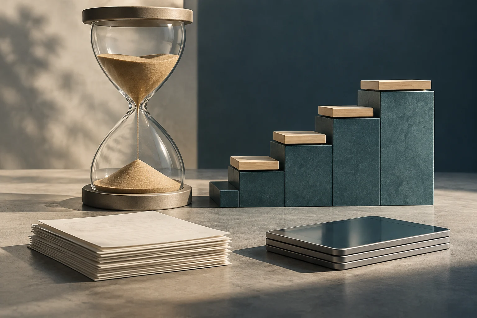 An hourglass stands beside a row of blocks of increasing height; a stack of papers and a dark tablet sit on the table in front.