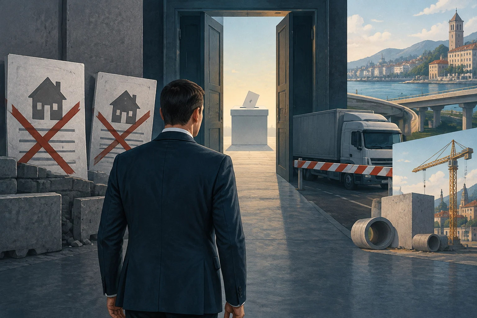 A man in a suit, seen from behind, looks toward an open doorway and a ballot box. Nearby are crossed-out house posters, a truck stopped behind a barrier, and a city scene with a crane and concrete pipes.