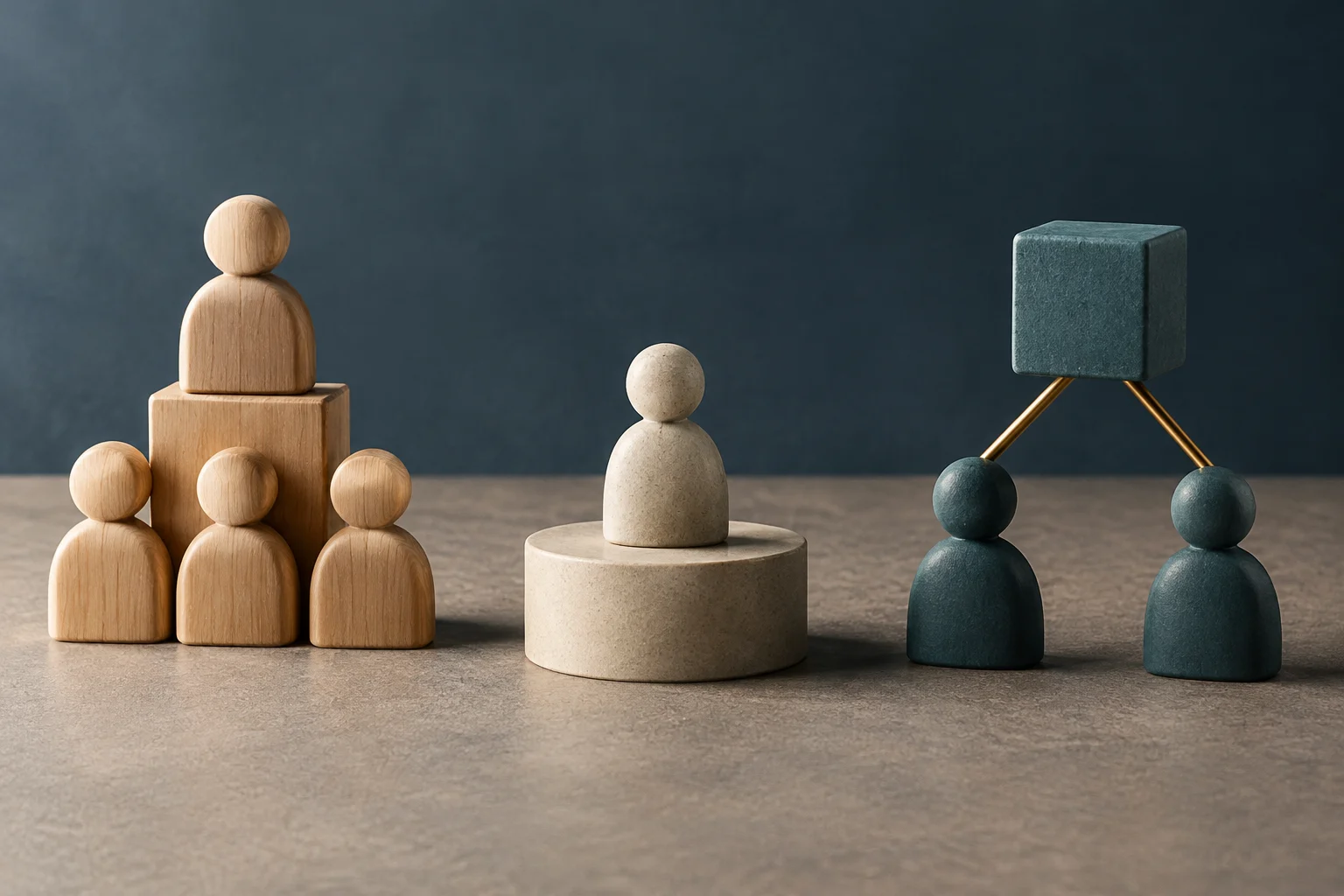 Wooden figures grouped beneath a raised figure, a solitary figure on a pedestal, and two dark figures beneath a cube supported by rods.