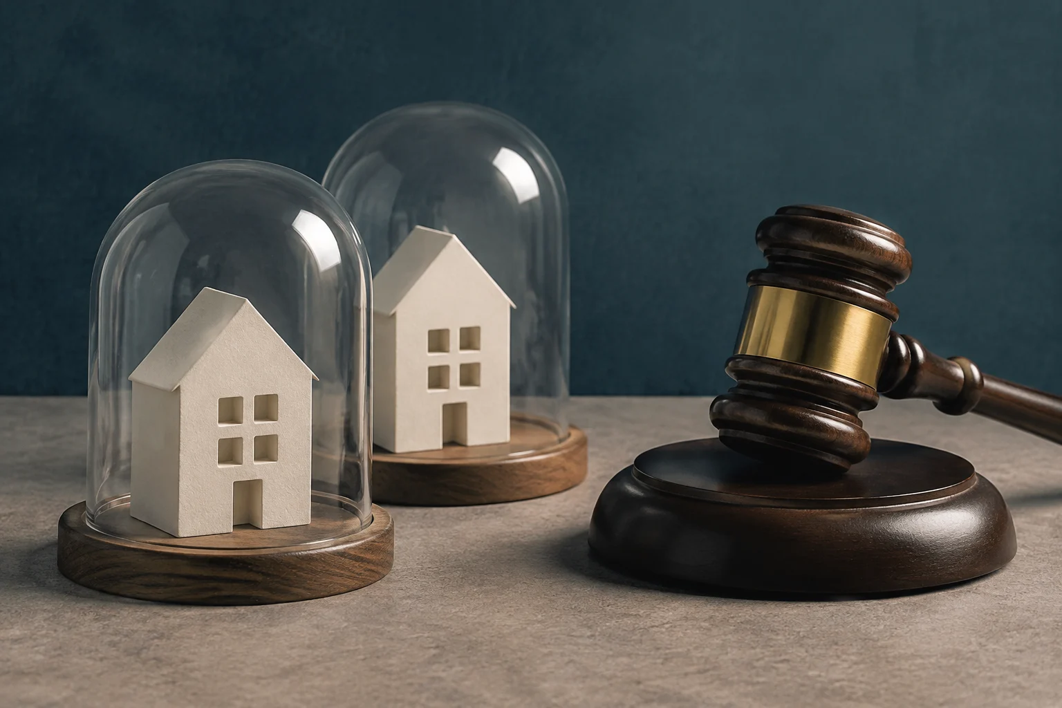 Two small white houses beneath glass domes on wooden bases, beside a judge’s gavel.