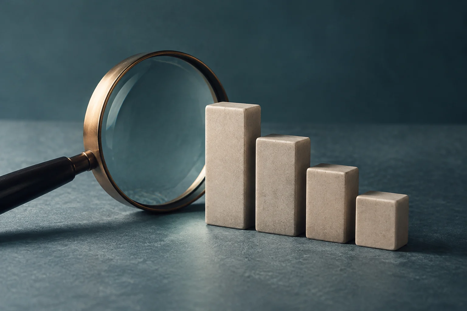 A magnifying glass with a black handle and gold rim beside four beige blocks arranged from tallest to shortest on a dark surface.